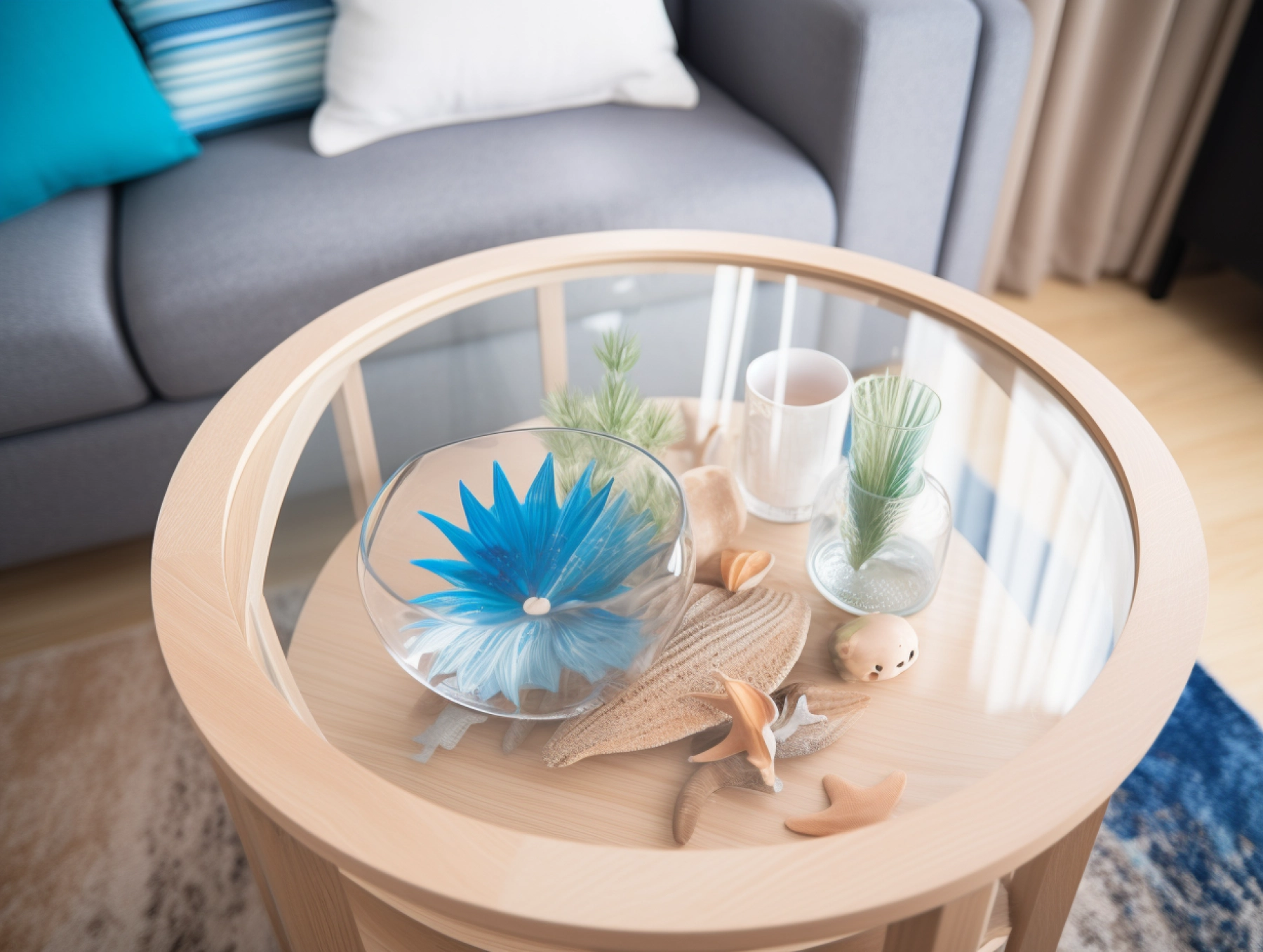 a coffe table with a blue flower