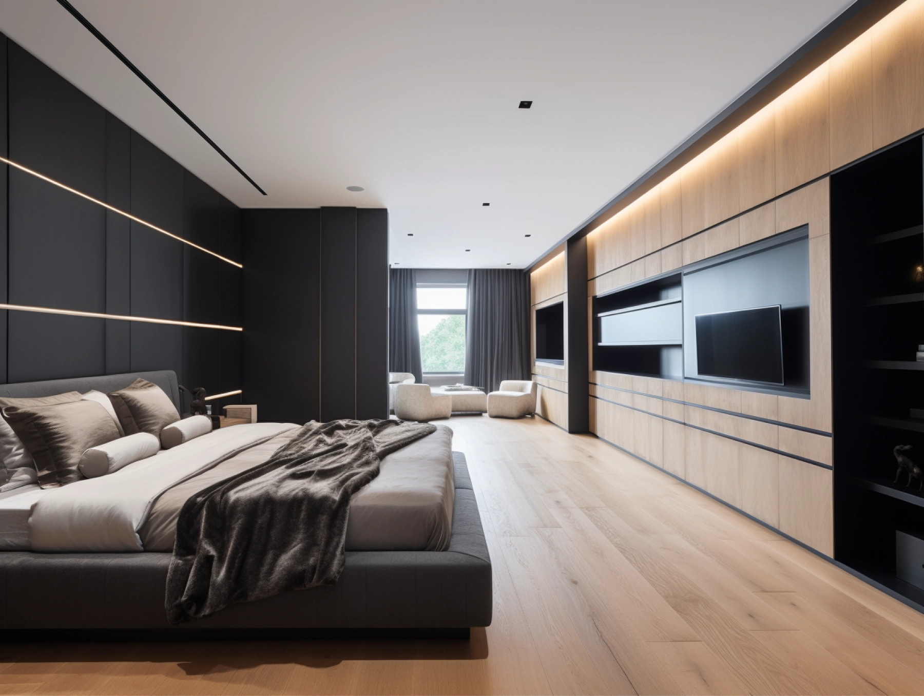 A modern bedroom with a black-mat finish