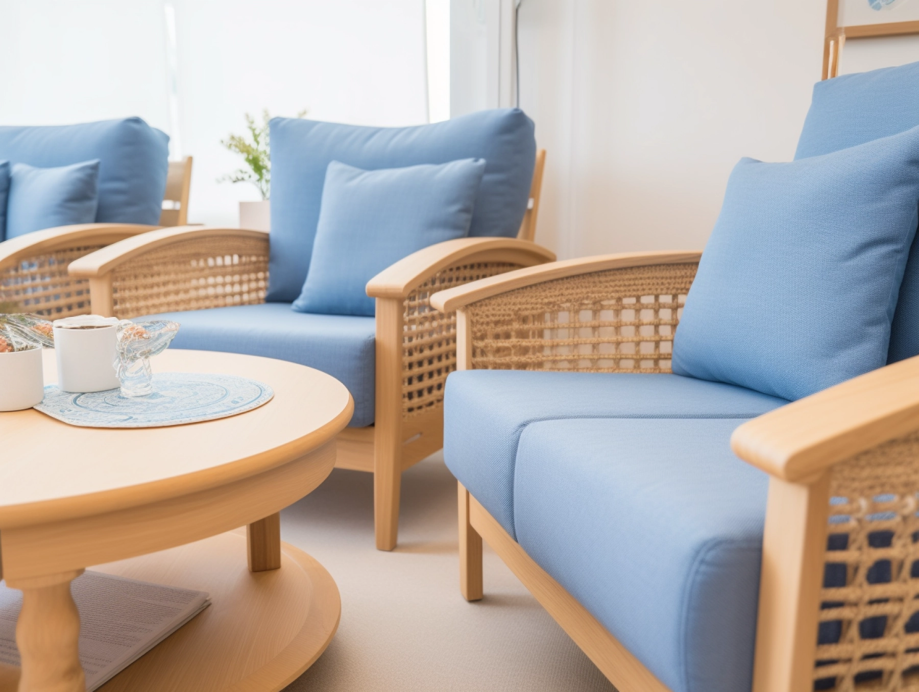 a number of blue soft chairs around a wooden table