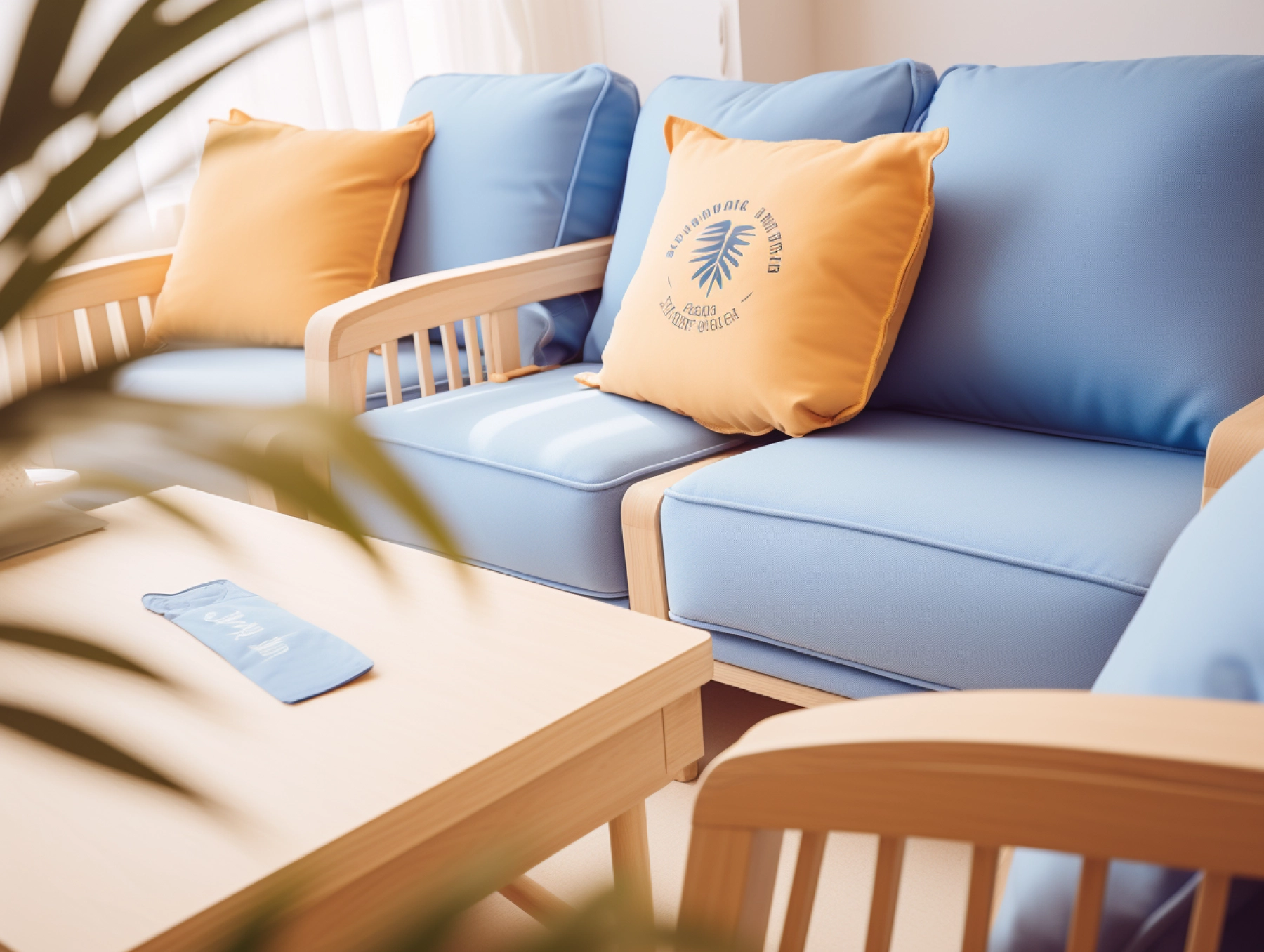 a sofa with yellow pillows