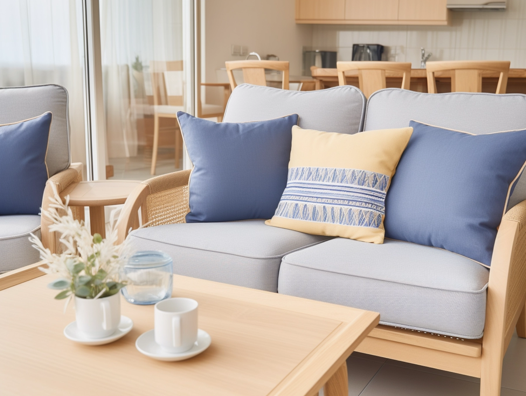 a sofa with yellow pillows